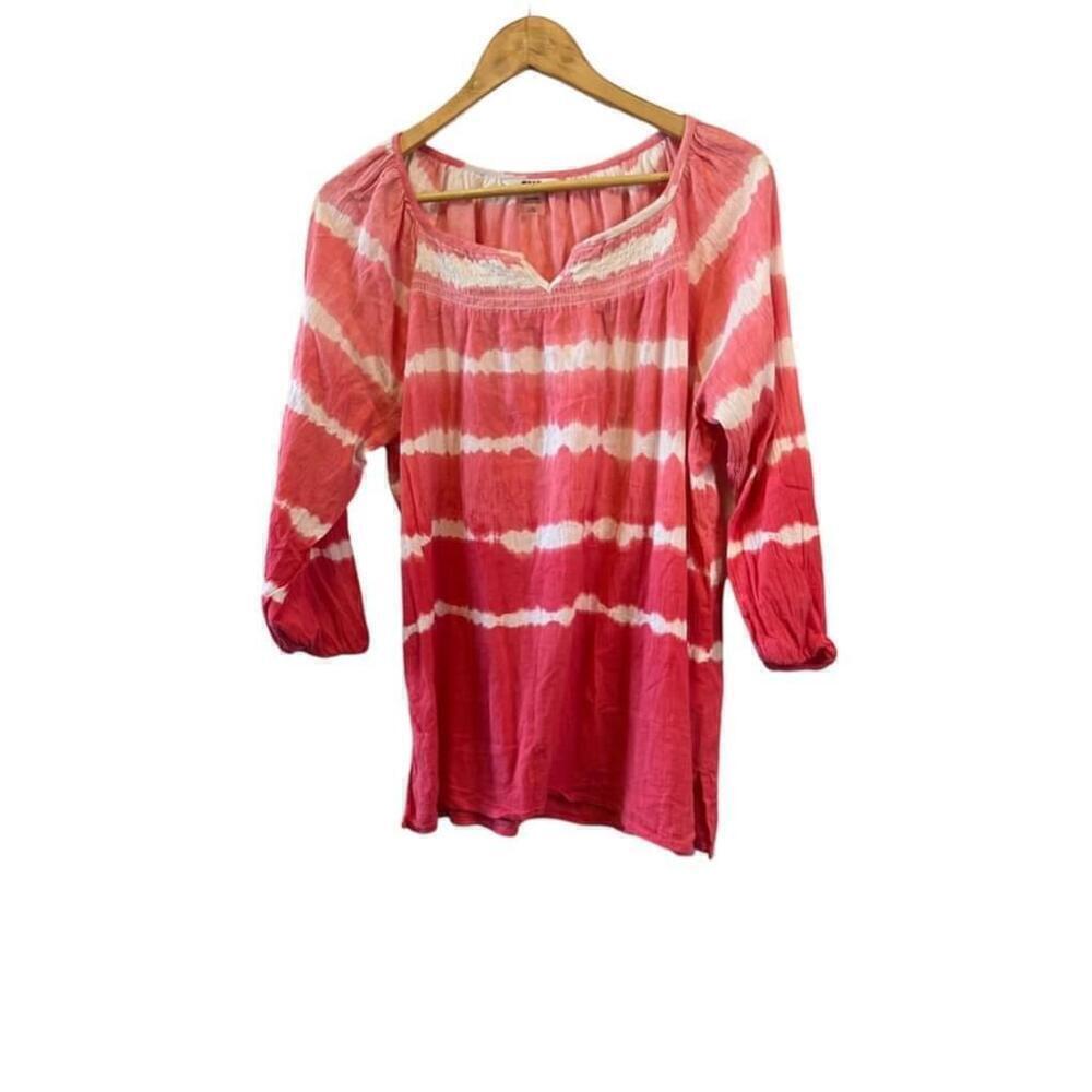 ALIA Coral Striped Lightweight Cotton Crew Neck 3/4 Sleeve Top L
